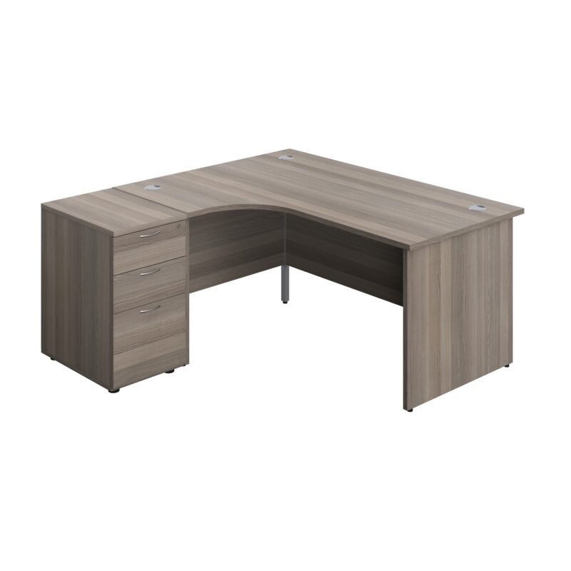 Panel Left Hand Radial Desk + 3 Drawer Desk High Pedestal Bundle | 600 Deep Pedestal | 1600X1200 | Grey Oak/Grey Oak