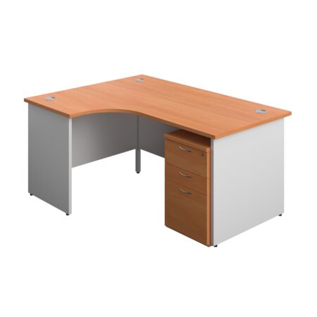 Panel Plus Left Radial Desk + 3 Drawer High Mobile Pedestal Bundle | 1600X1200 | Beech/White