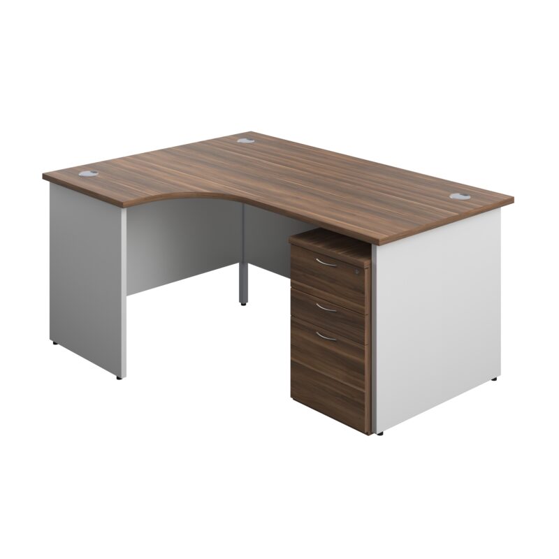 Panel Plus Left Radial Desk + 3 Drawer High Mobile Pedestal Bundle | 1600X1200 | Dark Walnut/White