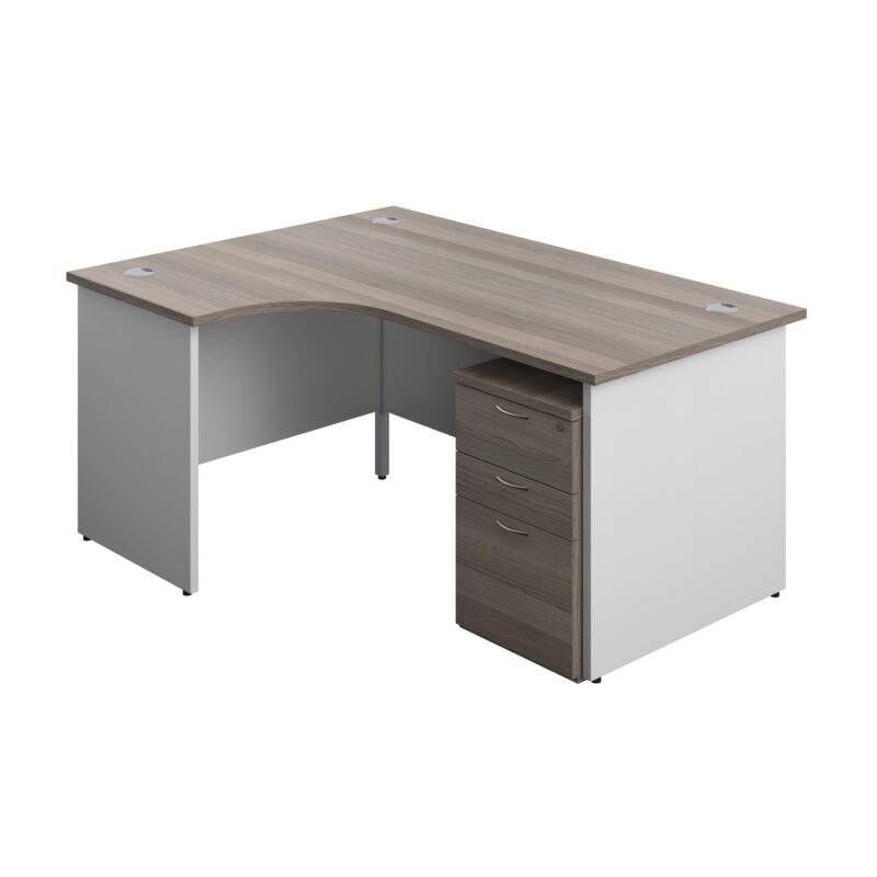 Panel Plus Left Radial Desk + 3 Drawer High Mobile Pedestal Bundle | 1600X1200 | Grey Oak/White