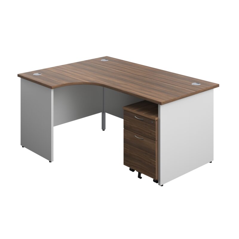 Panel Plus Left Radial Desk + 2 Drawer Mobile Pedestal Bundle | 1600X1200 | Dark Walnut/White