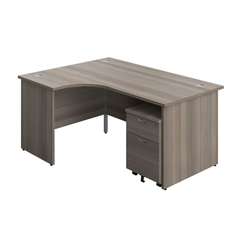 Panel Left Hand Radial Desk + 2 Drawer Mobile Pedestal Bundle | 1600X1200 | Grey Oak/Grey Oak