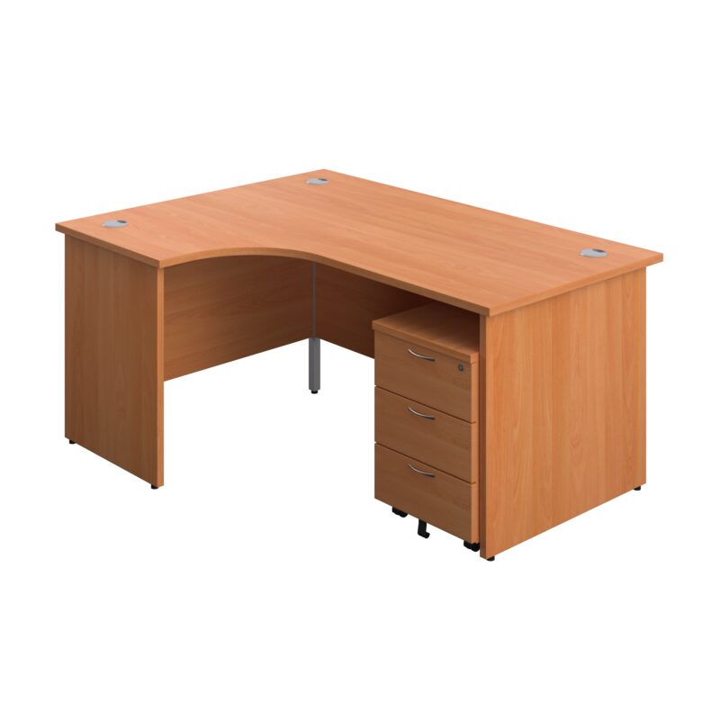 Panel Left Hand Radial Desk + 3 Drawer Mobile Pedestal Bundle | 1600X1200 | Beech/Beech