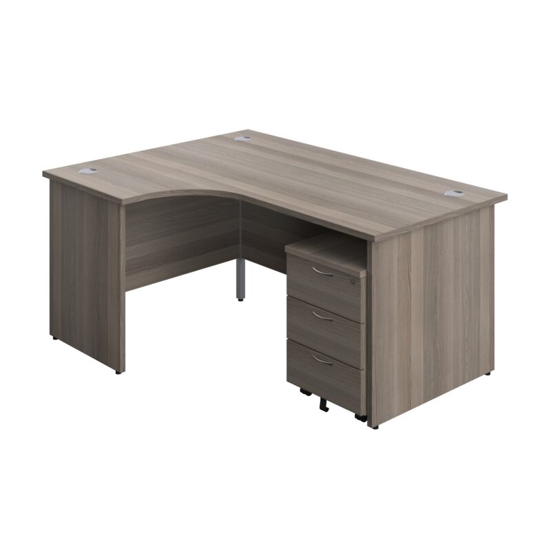 Panel Left Hand Radial Desk + 3 Drawer Mobile Pedestal Bundle | 1600X1200 | Grey Oak/Grey Oak