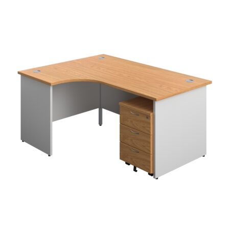 Panel Plus Left Radial Desk + 3 Drawer Mobile Pedestal Bundle | 1600X1200 | Nova Oak/White