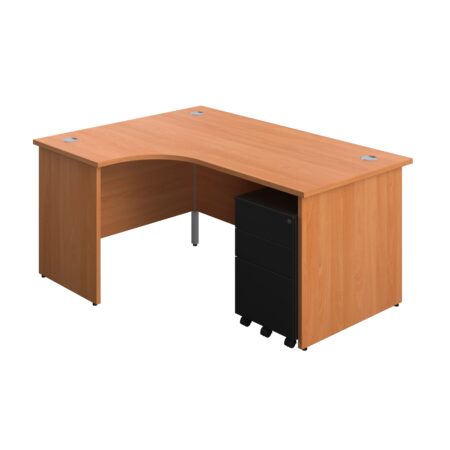 Panel Left Hand Radial Desk + 3 Drawer Steel Mobile Pedestal Bundle | 1600X1200 | Beech/Black