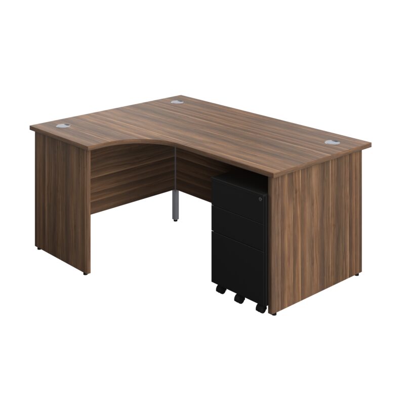 Panel Left Hand Radial Desk + 3 Drawer Steel Mobile Pedestal Bundle | 1600X1200 | Dark Walnut/Black