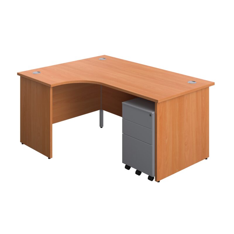 Panel Left Hand Radial Desk + 3 Drawer Steel Mobile Pedestal Bundle | 1600X1200 | Beech/Silver