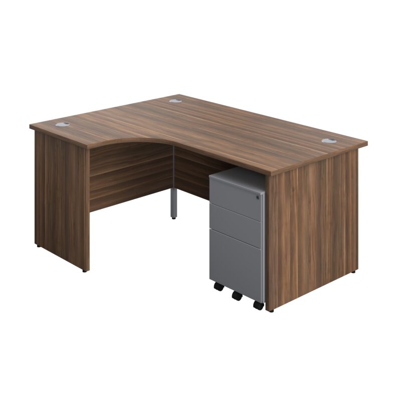 Panel Left Hand Radial Desk + 3 Drawer Steel Mobile Pedestal Bundle | 1600X1200 | Dark Walnut/Silver