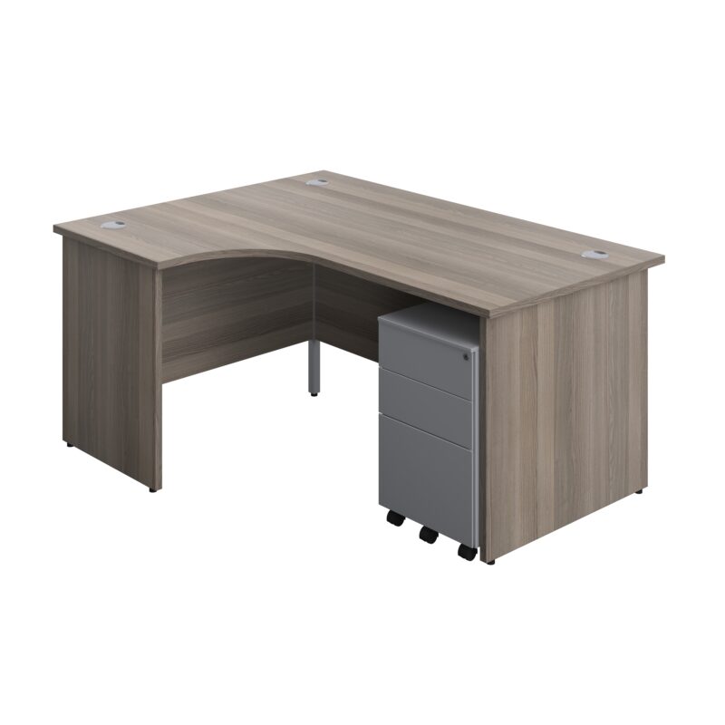 Panel Left Hand Radial Desk + 3 Drawer Steel Mobile Pedestal Bundle | 1600X1200 | Grey Oak/Silver