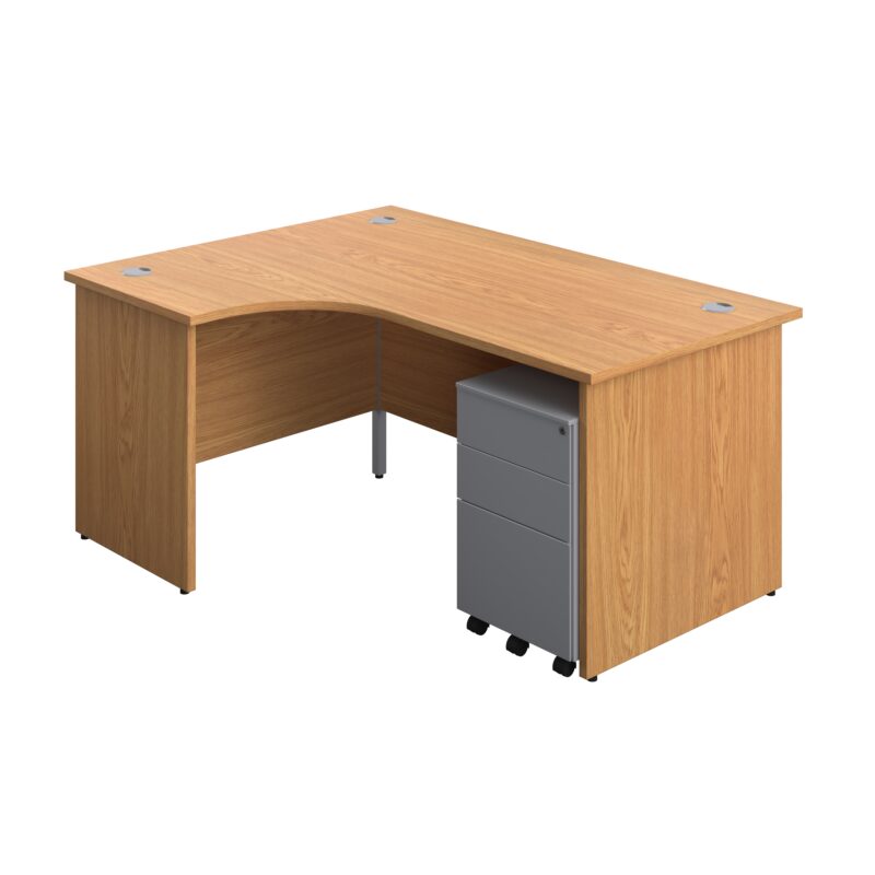 Panel Left Hand Radial Desk + 3 Drawer Steel Mobile Pedestal Bundle | 1600X1200 | Nova Oak/Silver