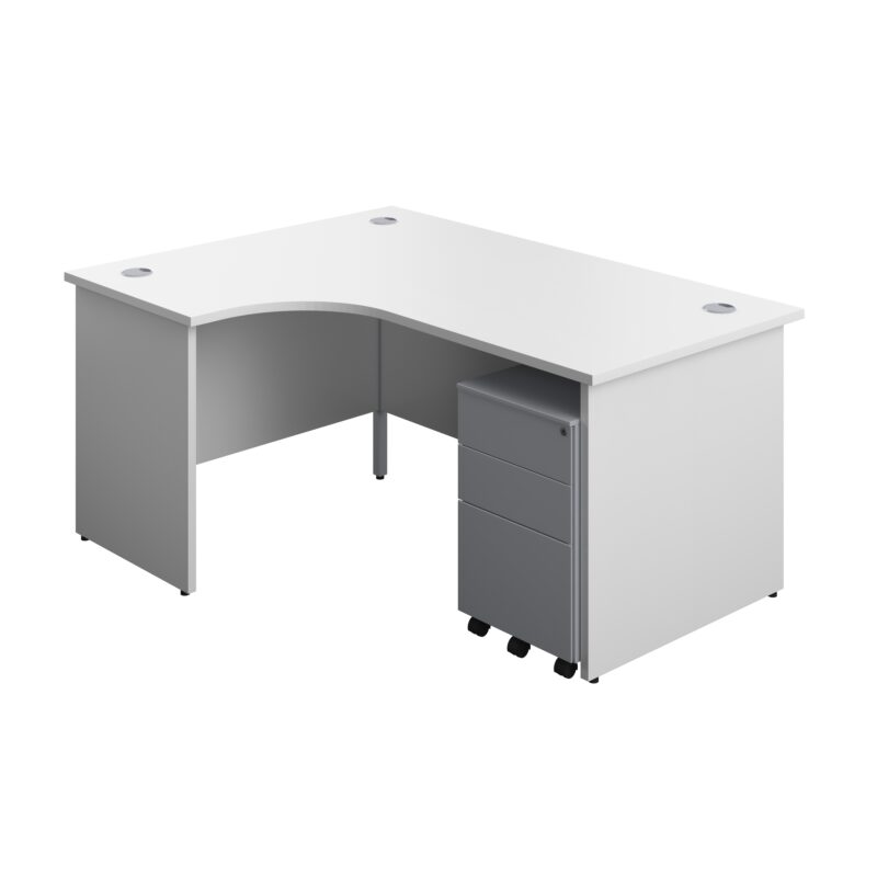 Panel Left Hand Radial Desk + 3 Drawer Steel Mobile Pedestal Bundle | 1600X1200 | White/Silver