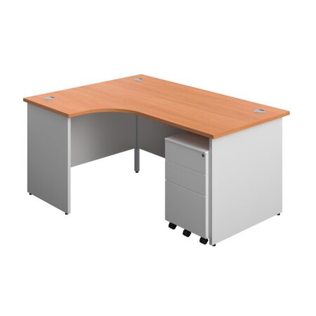 Panel Plus Left Radial Desk + 3 Drawer Steel Mobile Pedestal Bundle | 1600X1200 | Beech/White