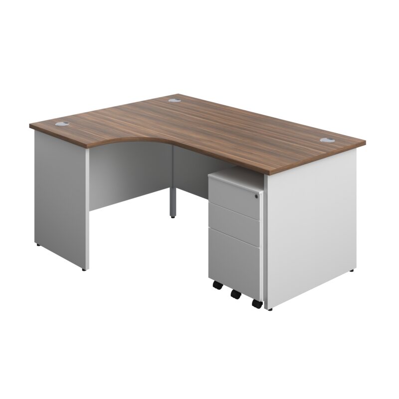 Panel Plus Left Radial Desk + 3 Drawer Steel Mobile Pedestal Bundle | 1600X1200 | Dark Walnut/White