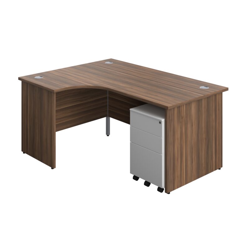 Panel Left Hand Radial Desk + 3 Drawer Steel Mobile Pedestal Bundle | 1600X1200 | Dark Walnut/White