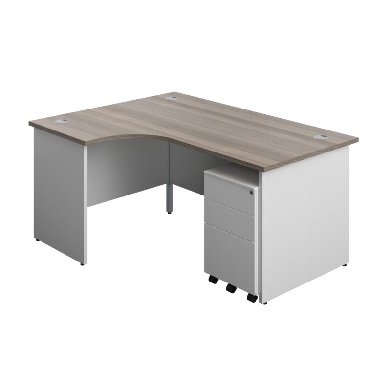 Panel Plus Left Radial Desk + 3 Drawer Steel Mobile Pedestal Bundle | 1600X1200 | Grey Oak/White