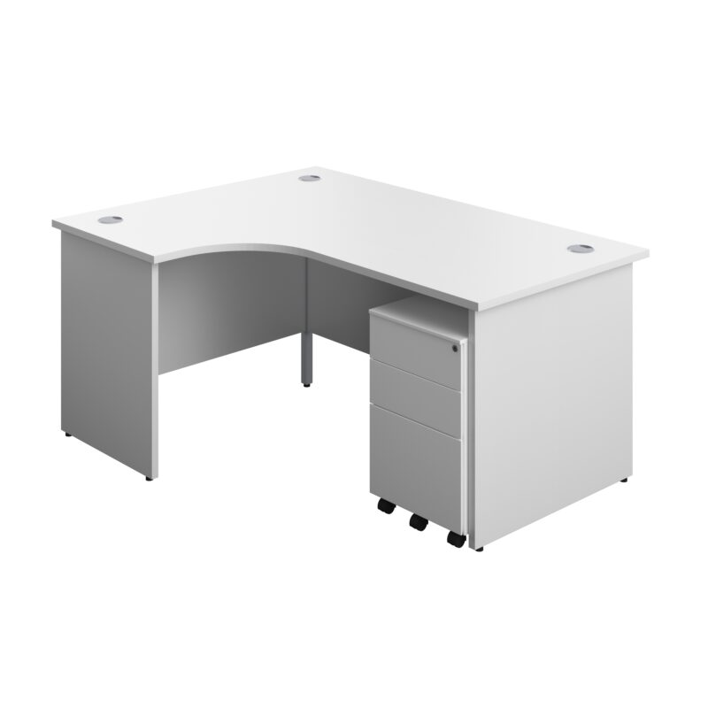 Panel Left Hand Radial Desk + 3 Drawer Steel Mobile Pedestal Bundle | 1600X1200 | White/White