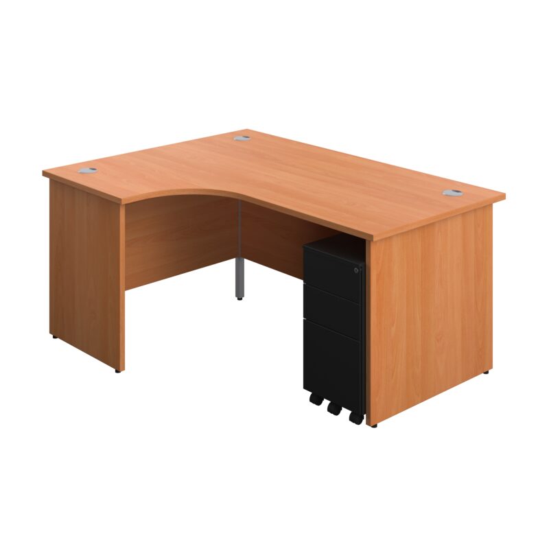 Panel Left Hand Radial Desk + 3 Drawer Slimline Steel Mobile Pedestal Bundle | 1600X1200 | Beech/Black