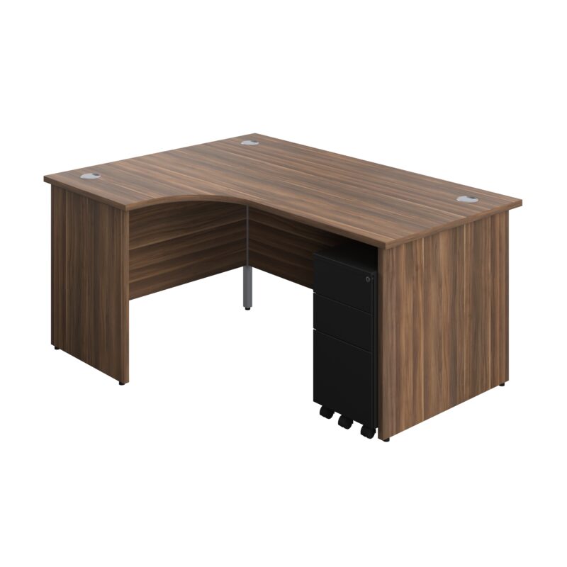 Panel Left Hand Radial Desk + 3 Drawer Slimline Steel Mobile Pedestal Bundle | 1600X1200 | Dark Walnut/Black