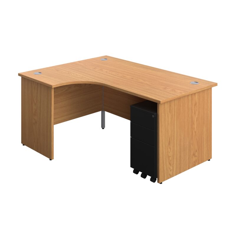 Panel Left Hand Radial Desk + 3 Drawer Slimline Steel Mobile Pedestal Bundle | 1600X1200 | Nova Oak/Black