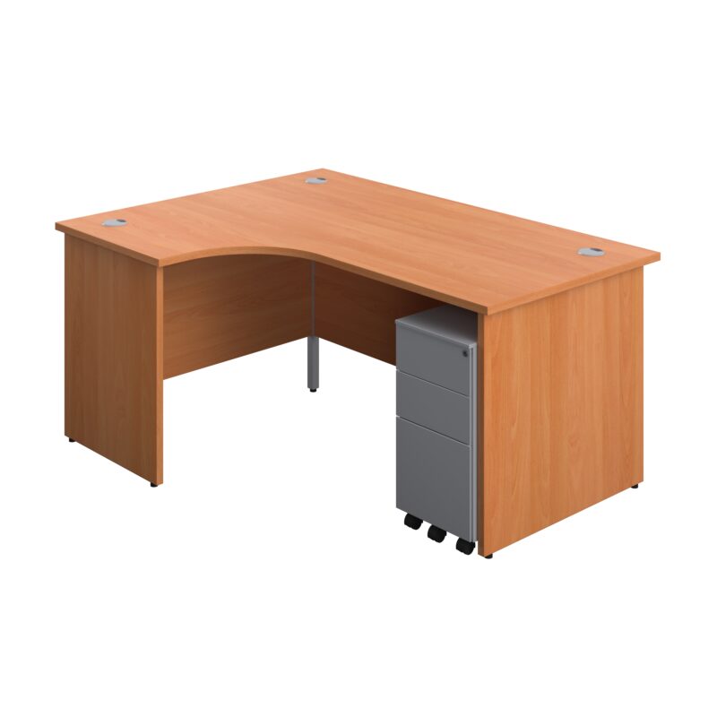 Panel Left Hand Radial Desk + 3 Drawer Slimline Steel Mobile Pedestal Bundle | 1600X1200 | Beech/Silver