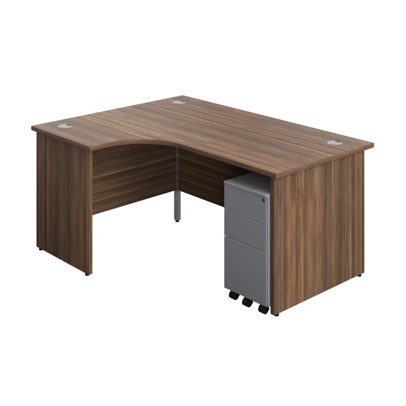 Panel Left Hand Radial Desk + 3 Drawer Slimline Steel Mobile Pedestal Bundle | 1600X1200 | Dark Walnut/Silver