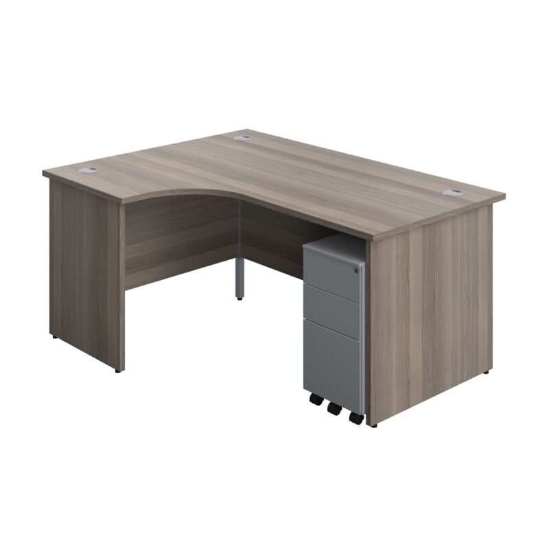 Panel Left Hand Radial Desk + 3 Drawer Slimline Steel Mobile Pedestal Bundle | 1600X1200 | Grey Oak/Silver