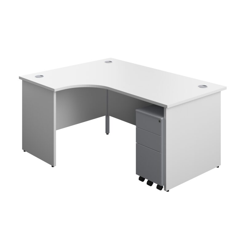 Panel Left Hand Radial Desk + 3 Drawer Slimline Steel Mobile Pedestal Bundle | 1600X1200 | White/Silver