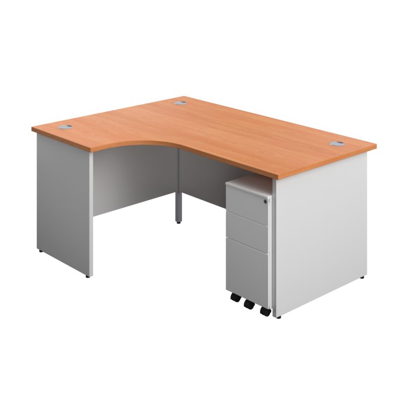 Panel Plus Left Radial Desk + 3 Drawer White Slimline Steel Mobile Pedestal Bundle | 1600X1200 | Beech/White