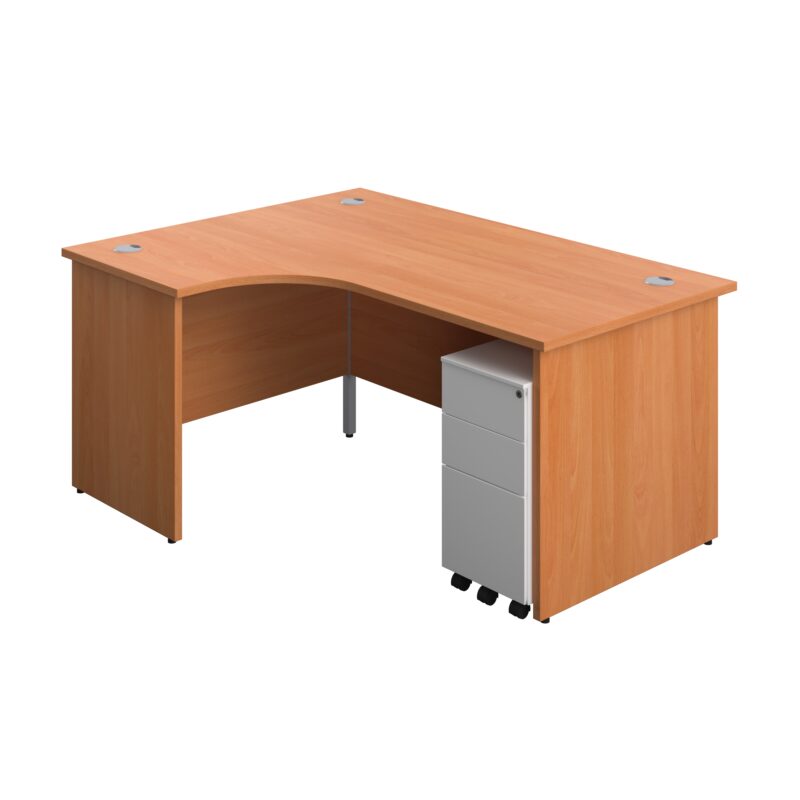 Panel Left Hand Radial Desk + 3 Drawer Slimline Steel Mobile Pedestal Bundle | 1600X1200 | Beech/White