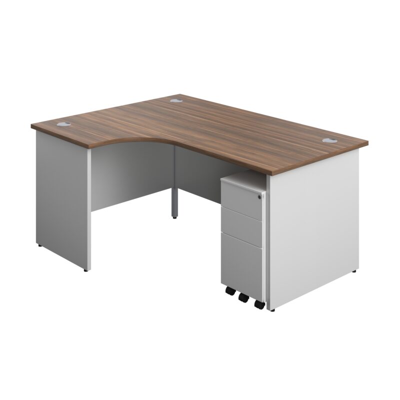 Panel Plus Left Radial Desk + 3 Drawer White Slimline Steel Mobile Pedestal Bundle | 1600X1200 | Dark Walnut/White