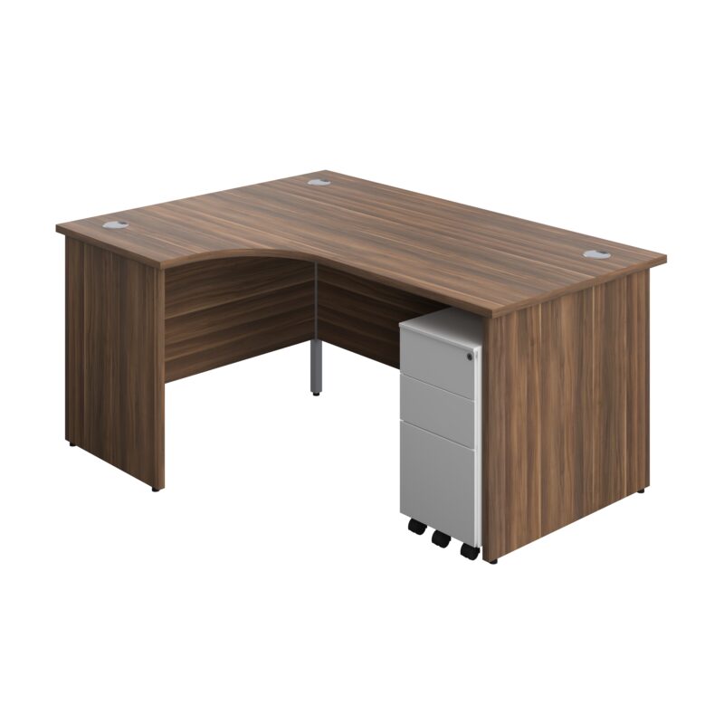 Panel Left Hand Radial Desk + 3 Drawer Slimline Steel Mobile Pedestal Bundle | 1600X1200 | Dark Walnut/White