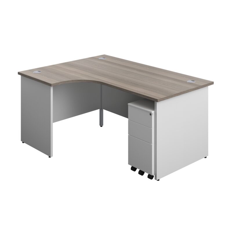 Panel Plus Left Radial Desk + 3 Drawer White Slimline Steel Mobile Pedestal Bundle | 1600X1200 | Grey Oak/White