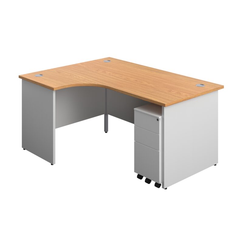 Panel Plus Left Radial Desk + 3 Drawer White Slimline Steel Mobile Pedestal Bundle | 1600X1200 | Nova Oak/White