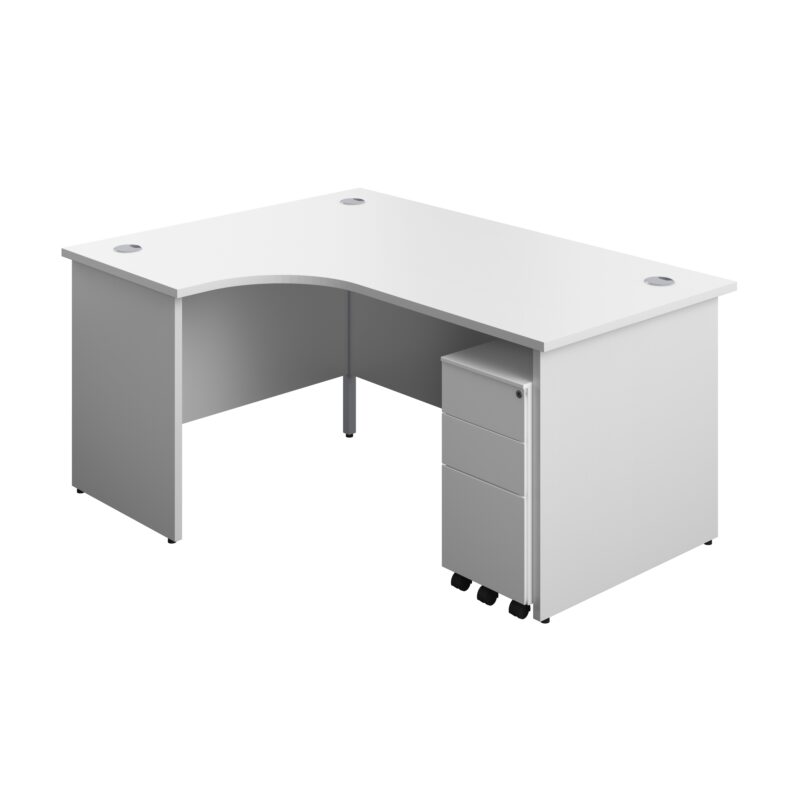 Panel Left Hand Radial Desk + 3 Drawer Slimline Steel Mobile Pedestal Bundle | 1600X1200 | White/White