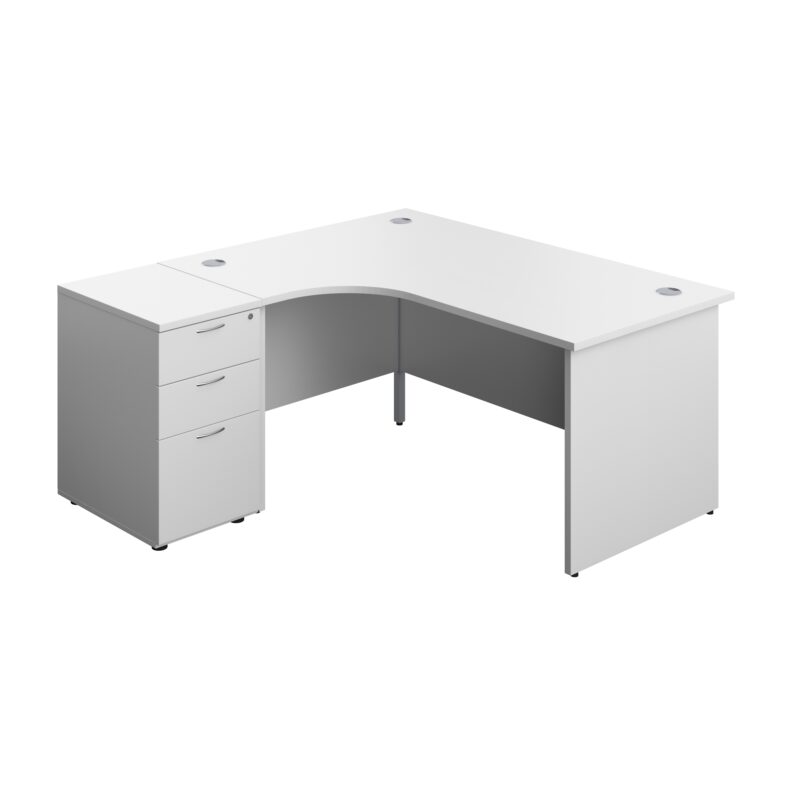 Panel Left Hand Radial Desk + 3 Drawer Desk High Pedestal Bundle | 600 Deep Pedestal | 1600X1200 | White/White