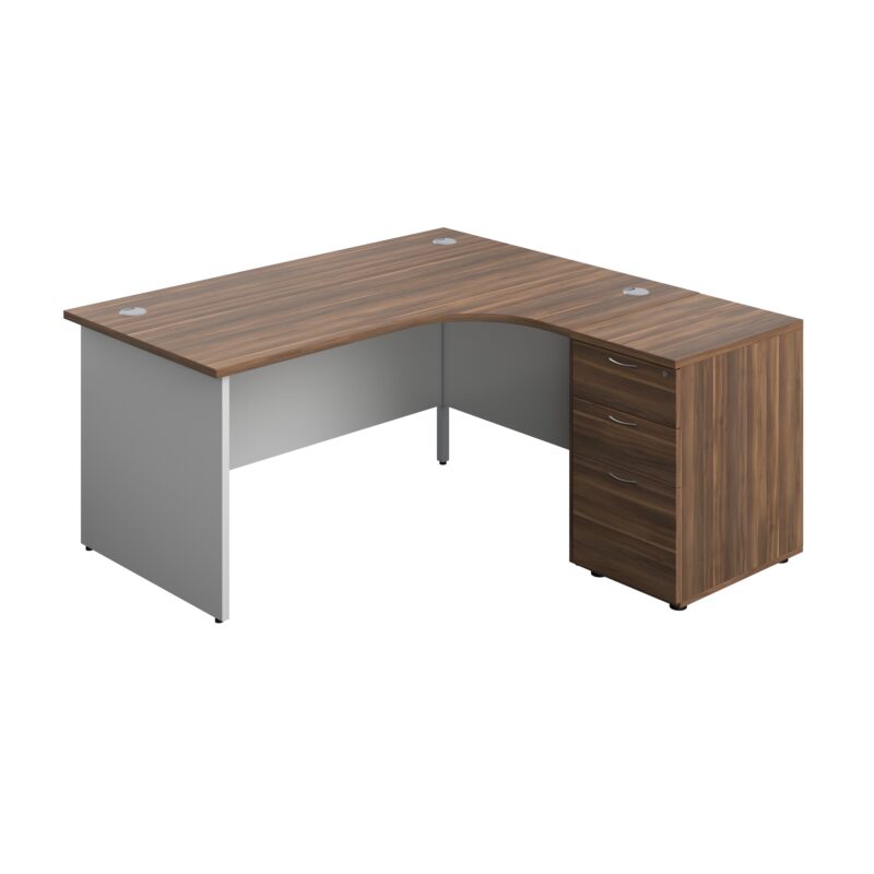 Panel Plus Right Radial Desk + Matching 3 Drawer Desk High Pedestal Bundle | 600 Pedestal | 1600X1200 | Dark Walnut/White