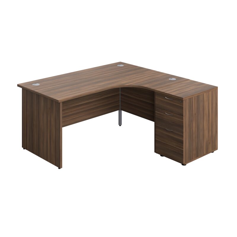 Panel Right Hand Radial Desk + 3 Drawer Desk High Pedestal Bundle | 600 Deep Pedestal | 1600X1200 | Dark Walnut/Dark Walnut