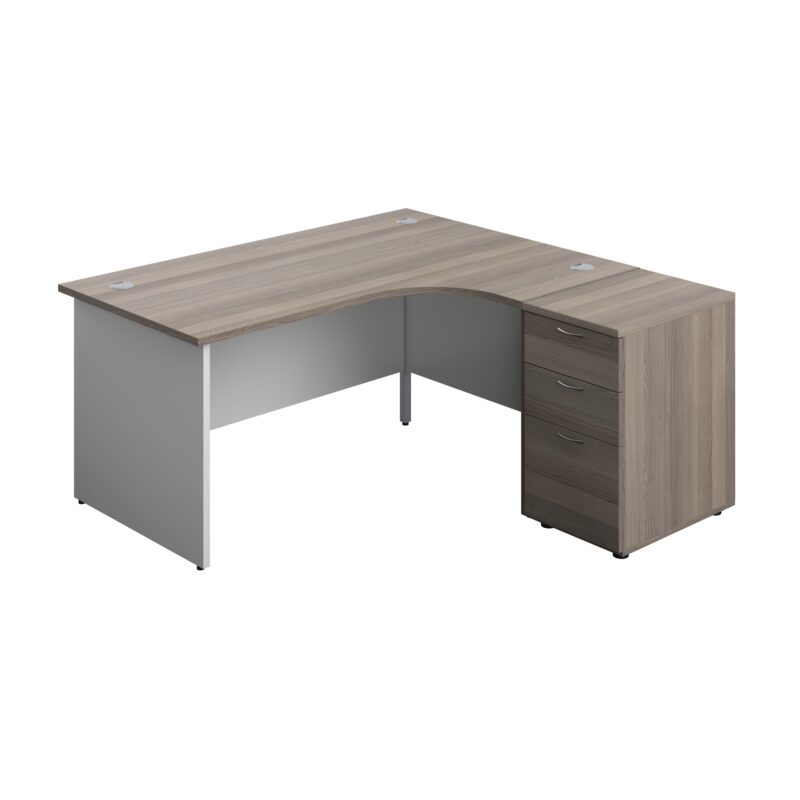 Panel Plus Right Radial Desk + Matching 3 Drawer Desk High Pedestal Bundle | 600 Pedestal | 1600X1200 | Grey Oak/White