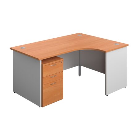 Panel Plus Right Radial Desk + 3 Drawer High Mobile Pedestal Bundle | 1600X1200 | Beech/White