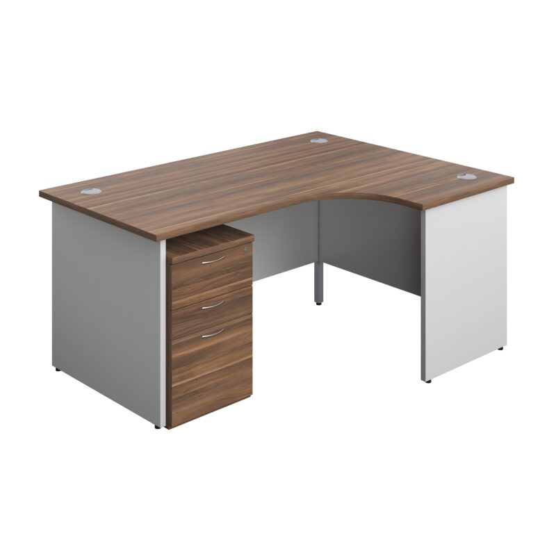 Panel Plus Right Radial Desk + 3 Drawer High Mobile Pedestal Bundle | 1600X1200 | Dark Walnut/White