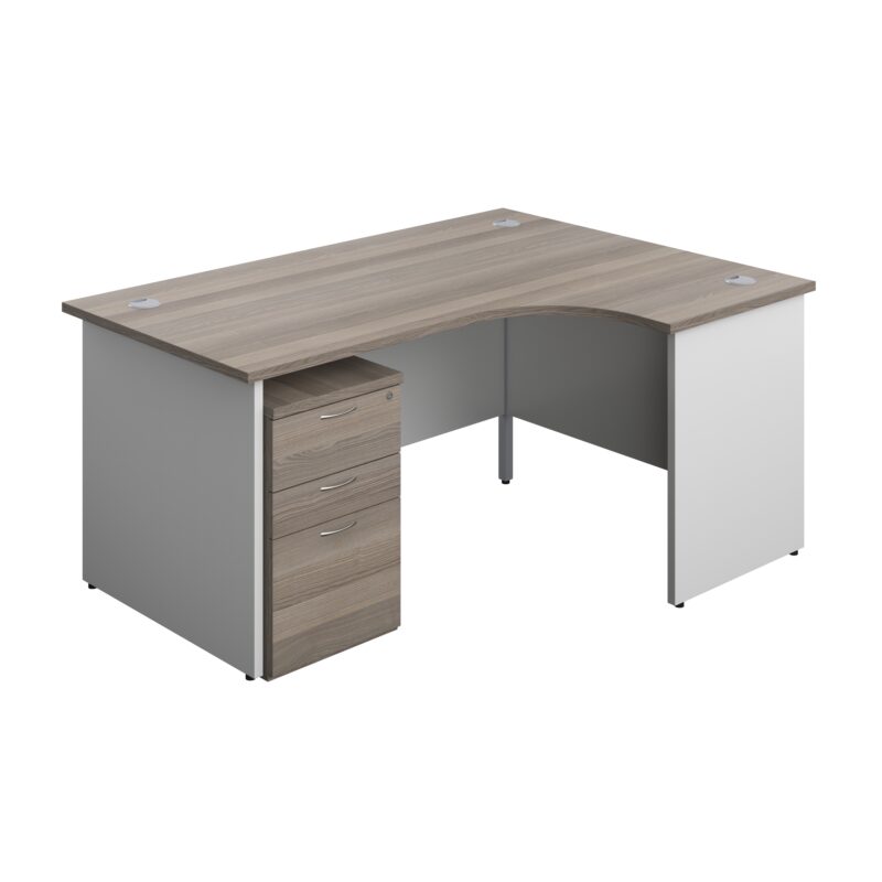 Panel Plus Right Radial Desk + 3 Drawer High Mobile Pedestal Bundle | 1600X1200 | Grey Oak/White