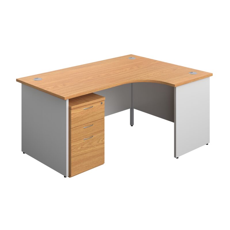 Panel Plus Right Radial Desk + 3 Drawer High Mobile Pedestal Bundle | 1600X1200 | Nova Oak/White