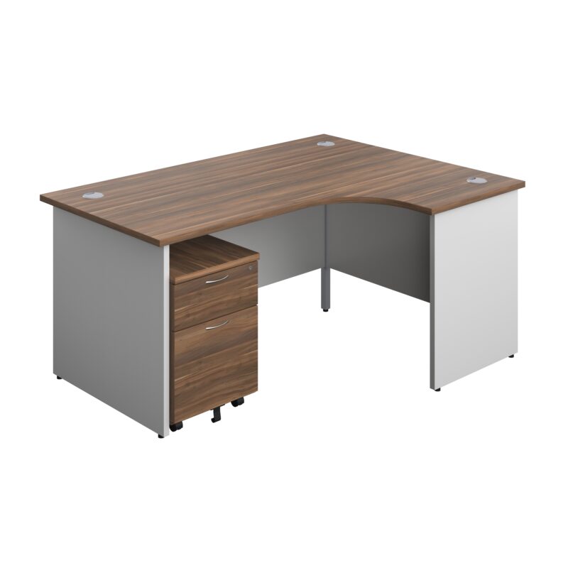 Panel Plus Right Radial Desk + 2 Drawer Mobile Pedestal Bundle | 1600X1200 | Dark Walnut/White