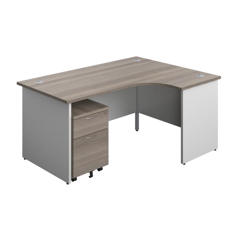 Panel Plus Right Radial Desk + 2 Drawer Mobile Pedestal Bundle | 1600X1200 | Grey Oak/White