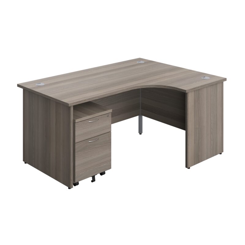 Panel Right Hand Radial Desk + 2 Drawer Mobile Pedestal Bundle | 1600X1200 | Grey Oak/Grey Oak