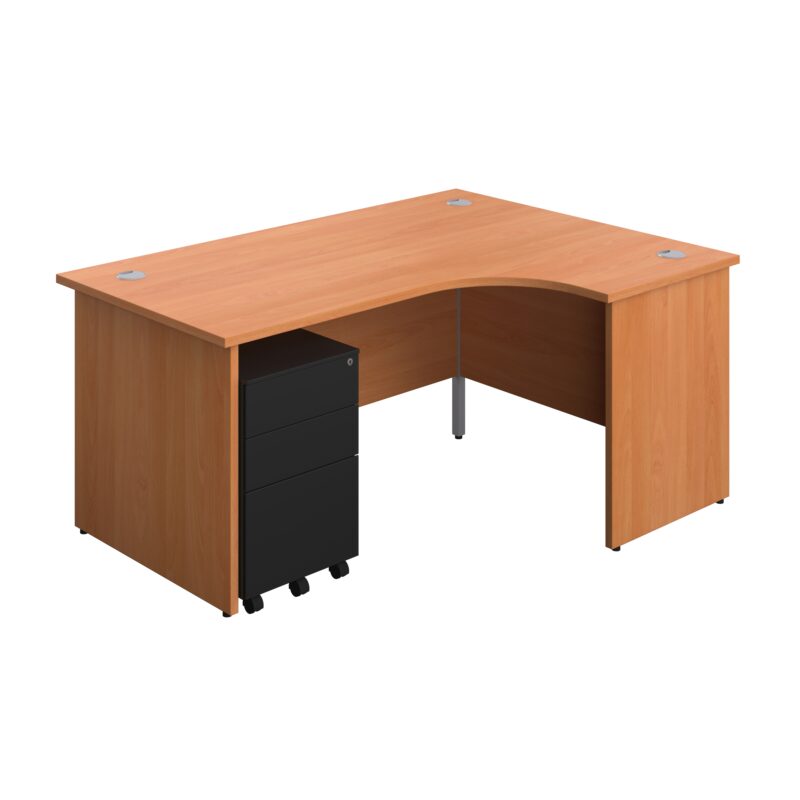 Panel Right Hand Radial Desk + 3 Drawer Steel Mobile Pedestal Bundle | 1600X1200 | Beech/Black