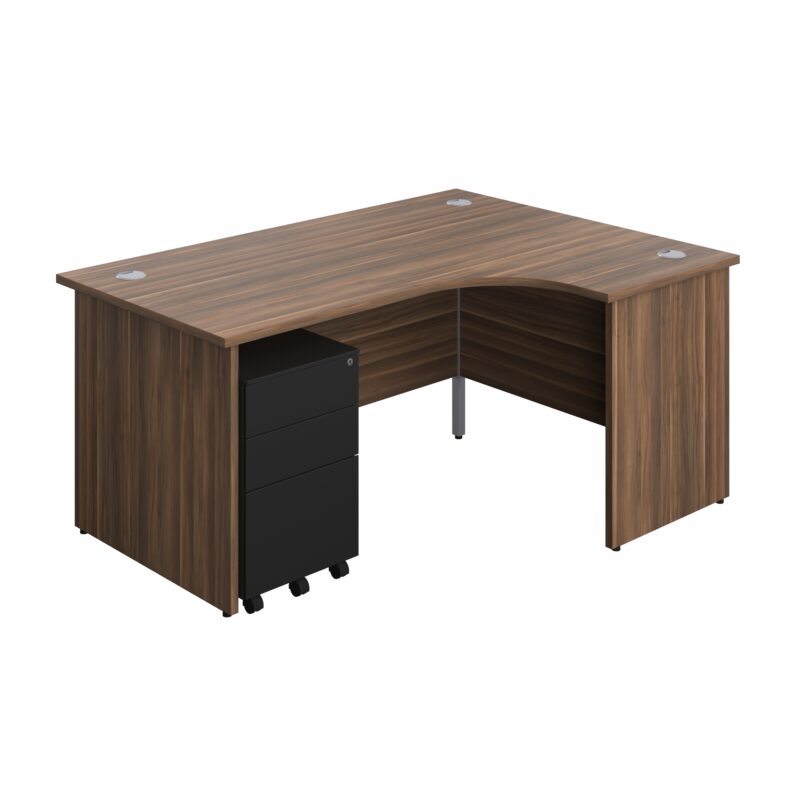 Panel Right Hand Radial Desk + 3 Drawer Steel Mobile Pedestal Bundle | 1600X1200 | Dark Walnut/Black