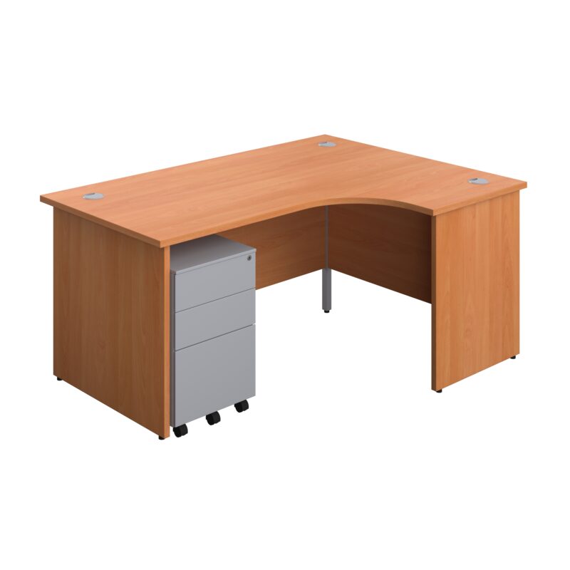 Panel Right Hand Radial Desk + 3 Drawer Steel Mobile Pedestal Bundle | 1600X1200 | Beech/Silver