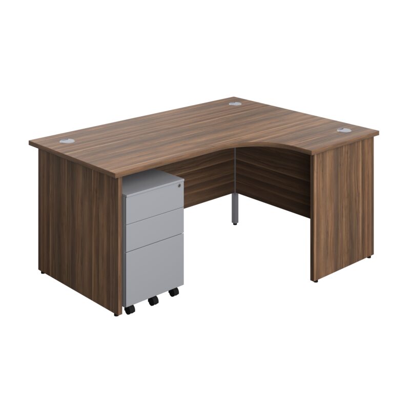 Panel Right Hand Radial Desk + 3 Drawer Steel Mobile Pedestal Bundle | 1600X1200 | Dark Walnut/Silver